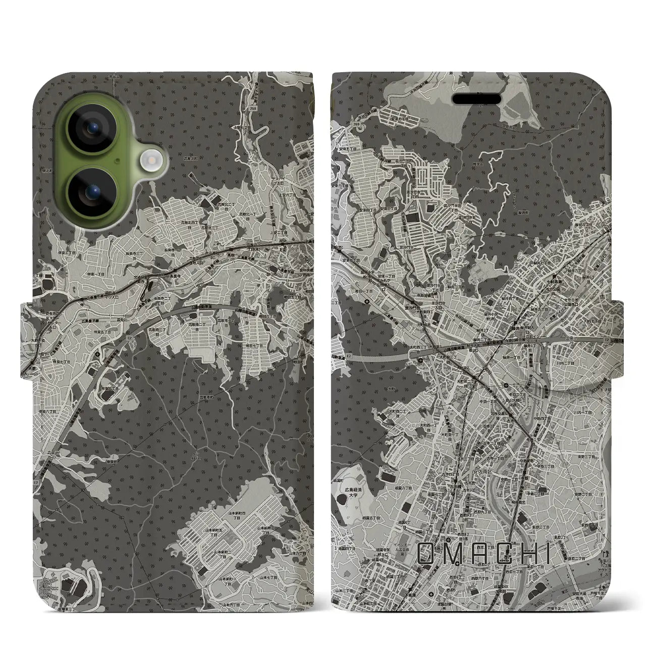 【大町（広島県）】地図柄iPhoneケース（手帳タイプ）