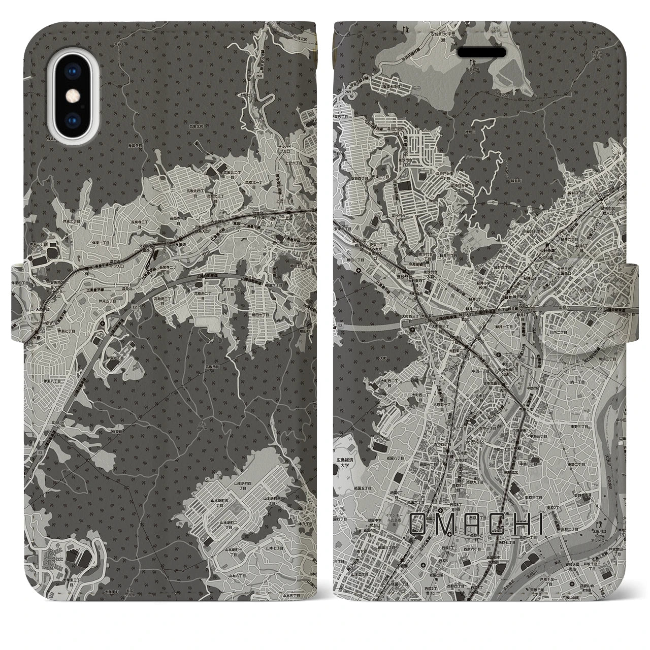 【大町（広島県）】地図柄iPhoneケース（手帳タイプ）