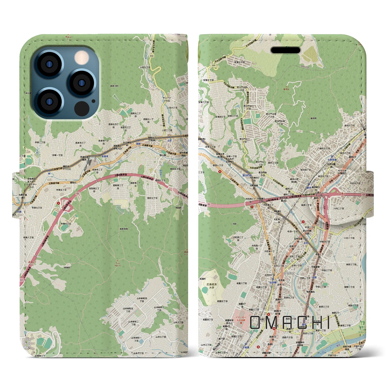 【大町（広島県）】地図柄iPhoneケース（手帳タイプ）
