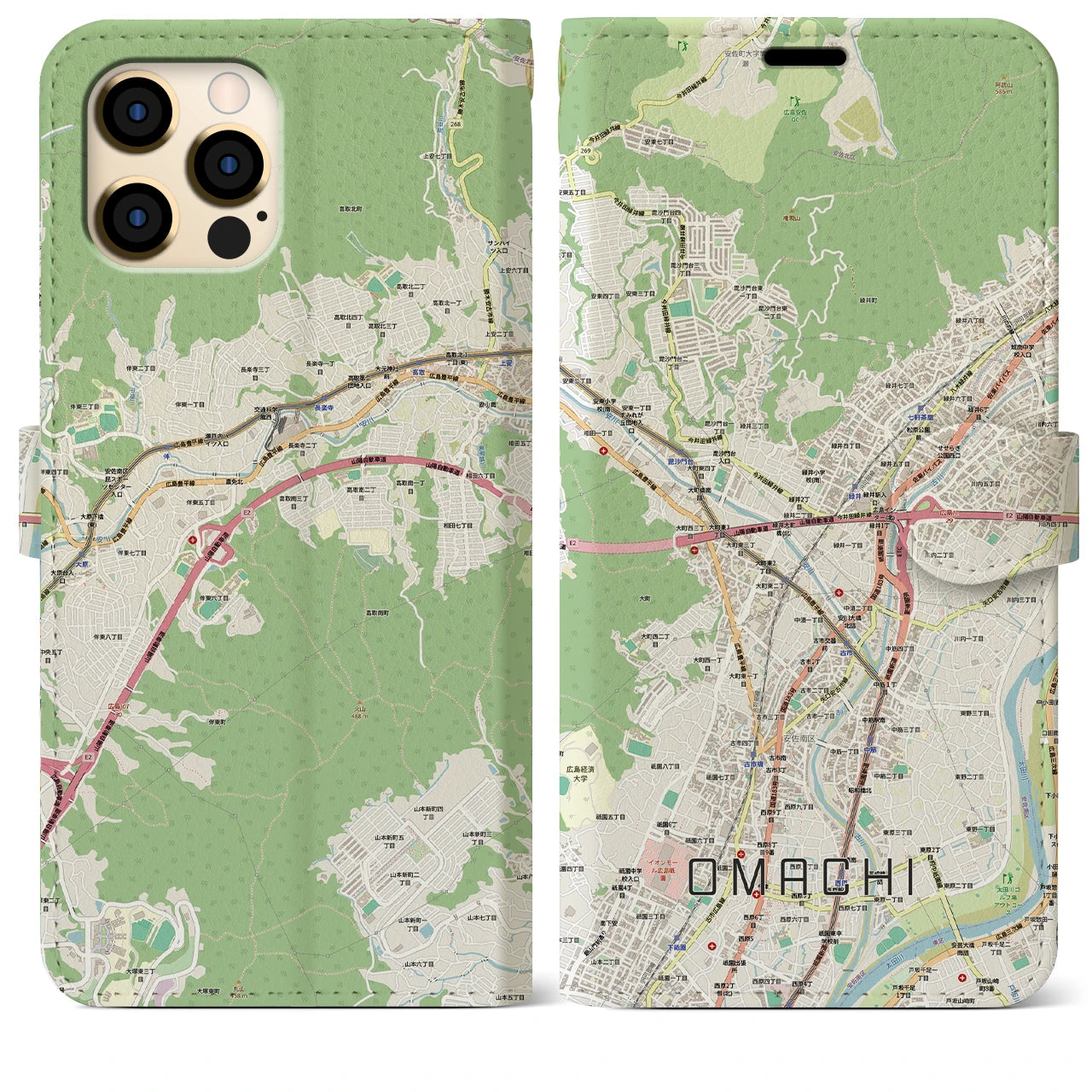 【大町（広島県）】地図柄iPhoneケース（手帳タイプ）