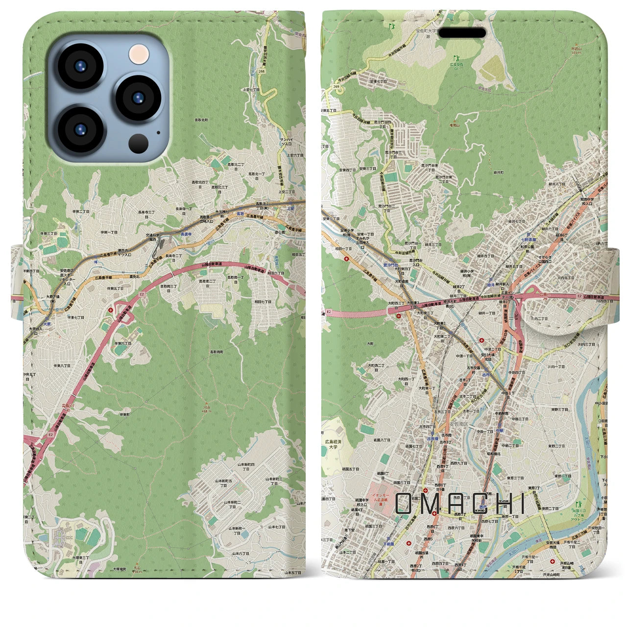 【大町（広島県）】地図柄iPhoneケース（手帳タイプ）