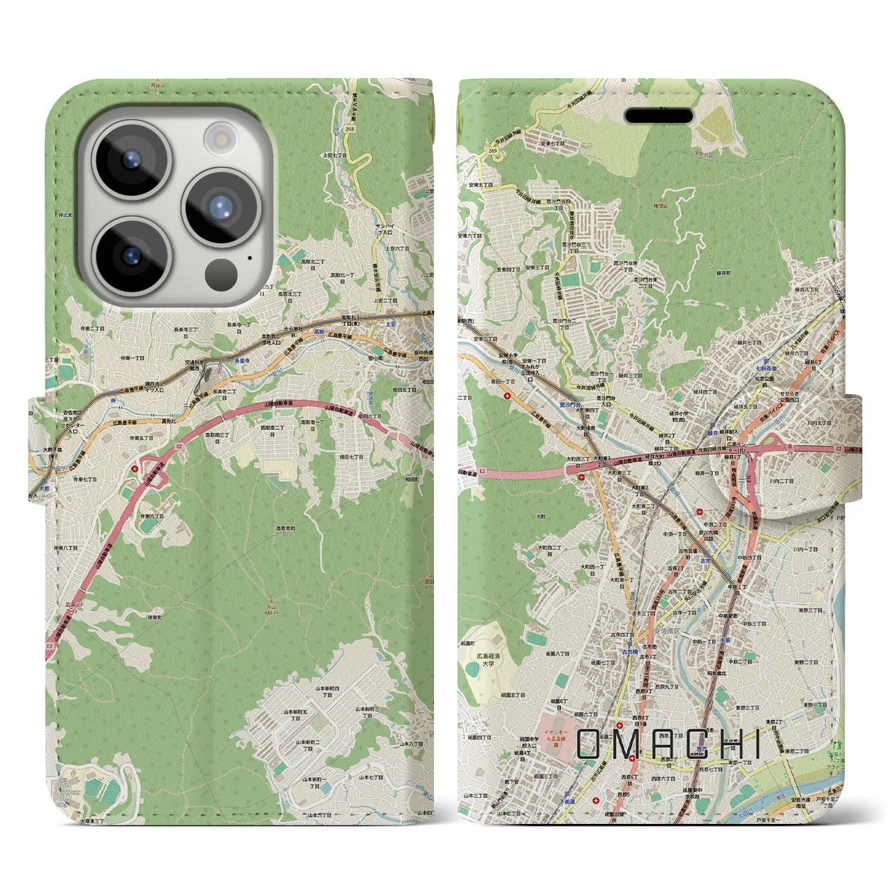 【大町（広島県）】地図柄iPhoneケース（手帳タイプ）