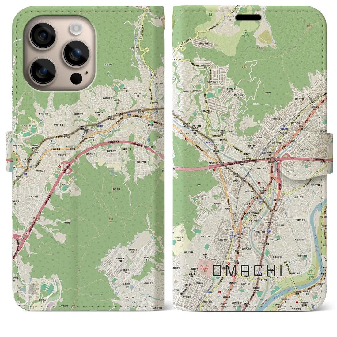 【大町（広島県）】地図柄iPhoneケース（手帳タイプ）ナチュラル・iPhone 16 Pro Max 用