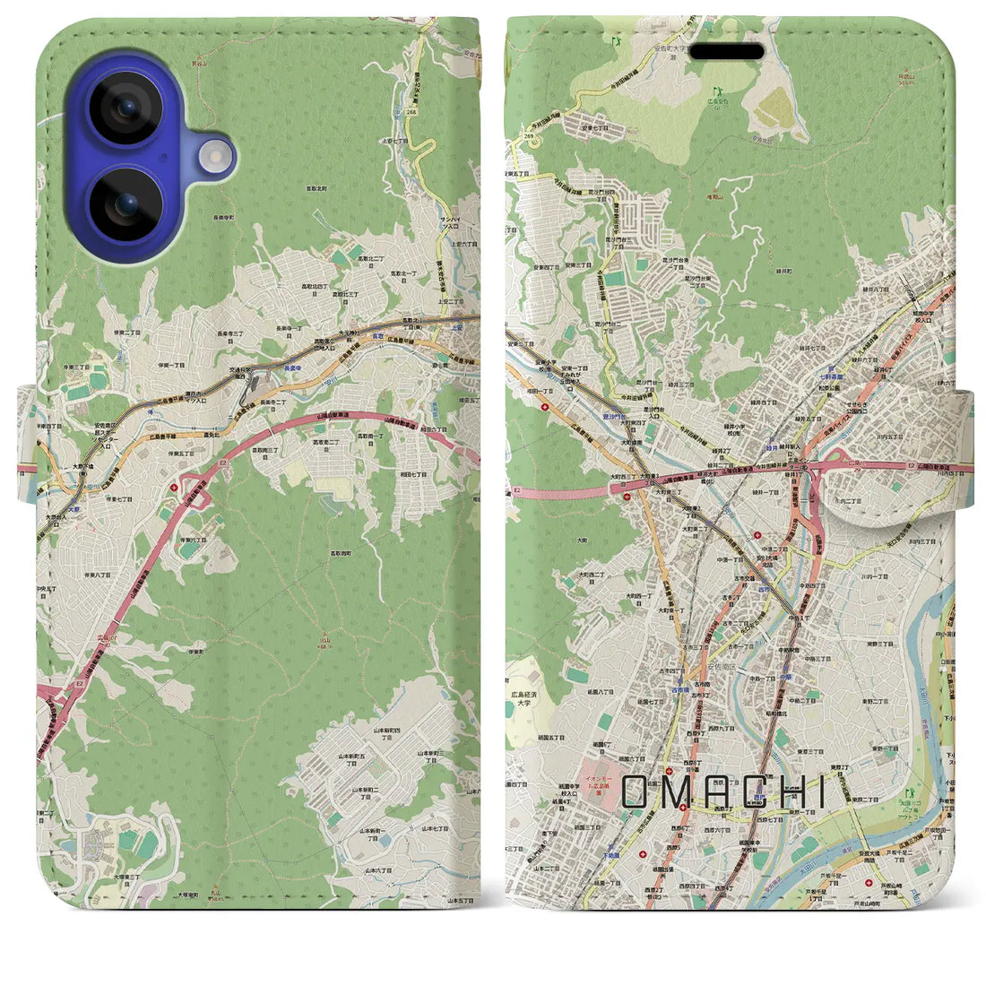 【大町（広島県）】地図柄iPhoneケース（手帳タイプ）モノトーン・iPhone 16 Pro Max 用