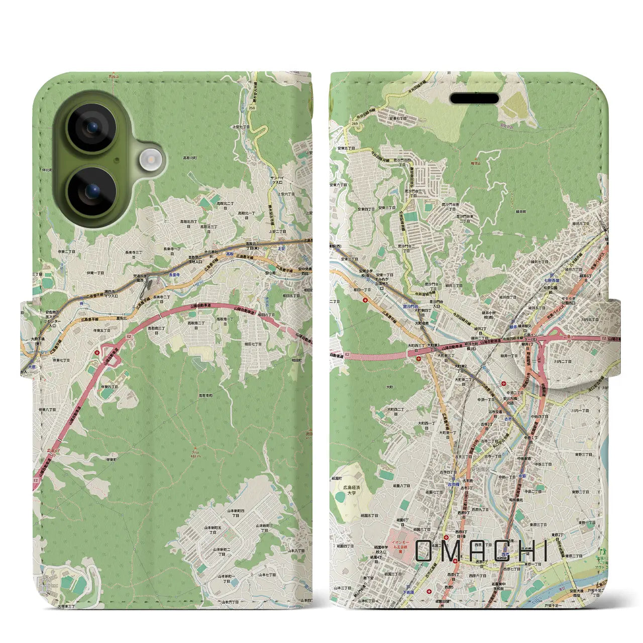 【大町（広島県）】地図柄iPhoneケース（手帳タイプ）ナチュラル・iPhone 17 Pro Max 用