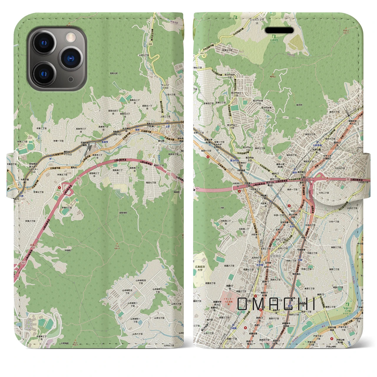 【大町（広島県）】地図柄iPhoneケース（手帳タイプ）