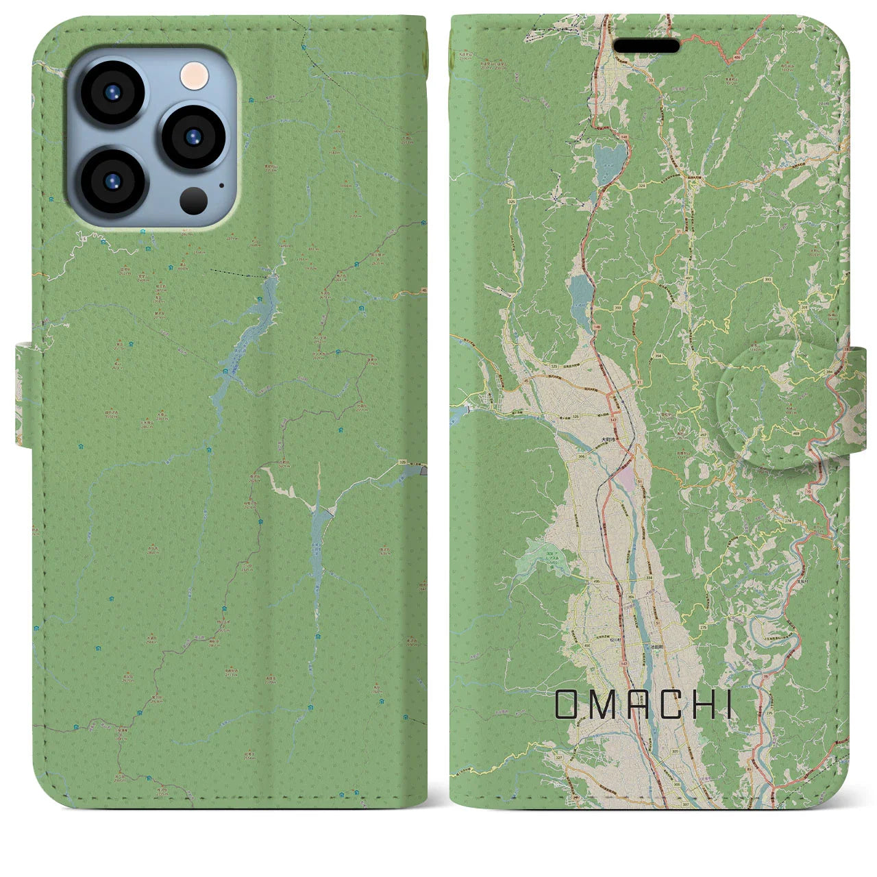 【大町（長野県）】地図柄iPhoneケース（手帳タイプ）ナチュラル・iPhone 13 Pro Max 用