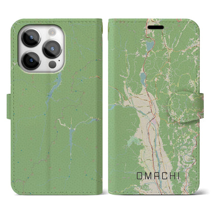 【大町（長野県）】地図柄iPhoneケース（手帳タイプ）ナチュラル・iPhone 14 Pro 用