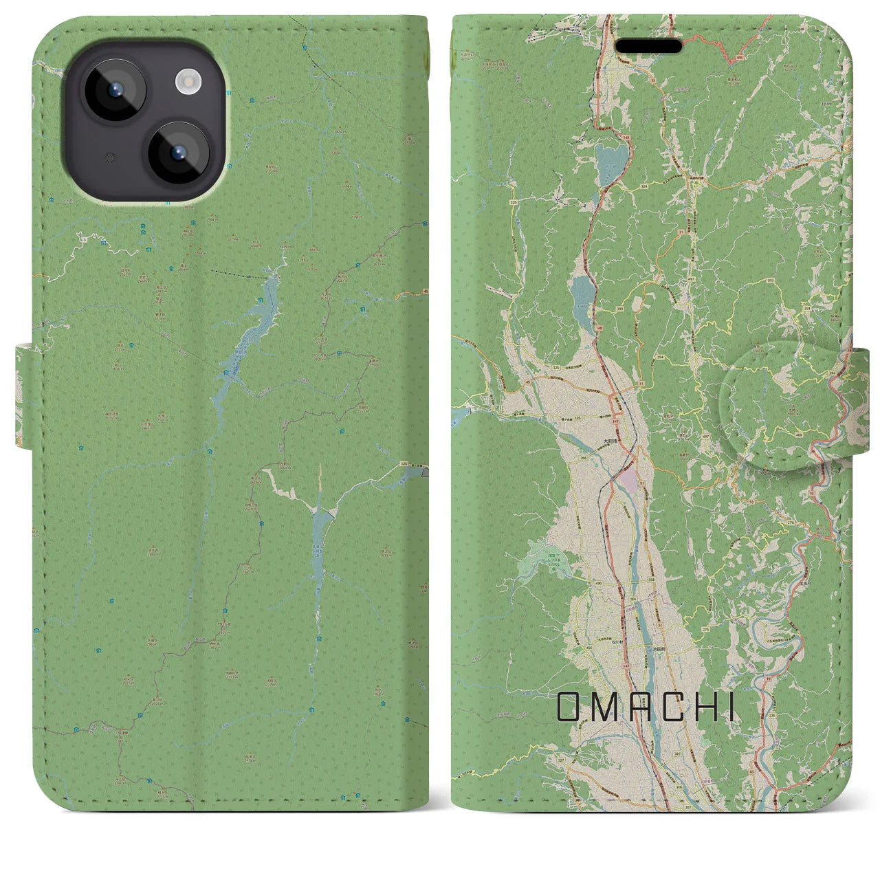 【大町（長野県）】地図柄iPhoneケース（手帳タイプ）ナチュラル・iPhone 14 Plus 用