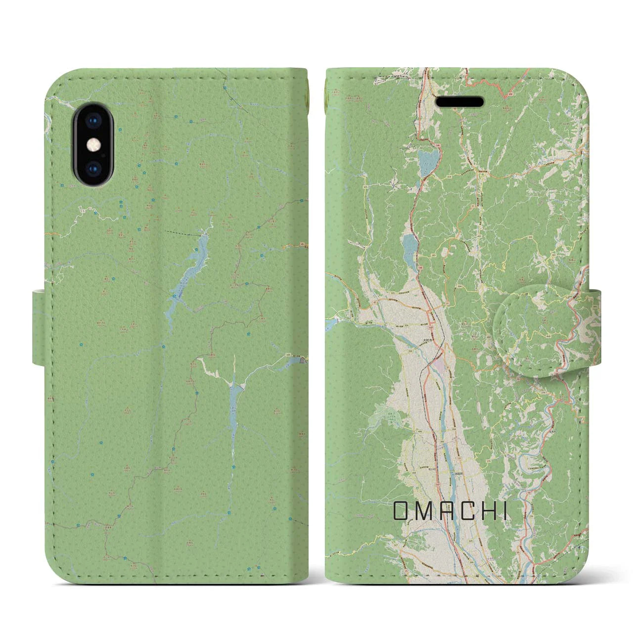 【大町（長野県）】地図柄iPhoneケース（手帳タイプ）ナチュラル・iPhone XS / X 用