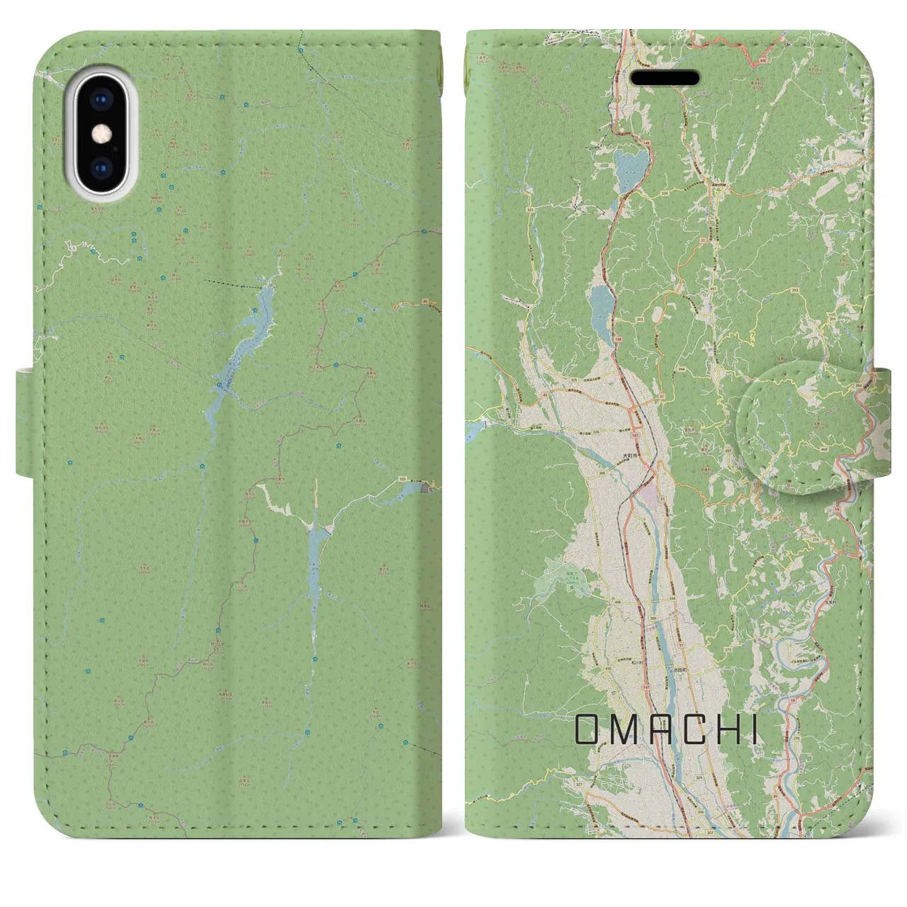 【大町（長野県）】地図柄iPhoneケース（手帳タイプ）ナチュラル・iPhone XS Max 用