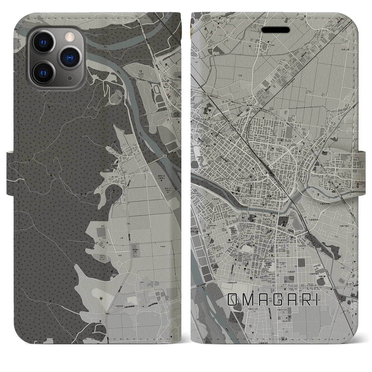【大曲】地図柄iPhoneケース（手帳両面タイプ・モノトーン）iPhone 11 Pro Max 用