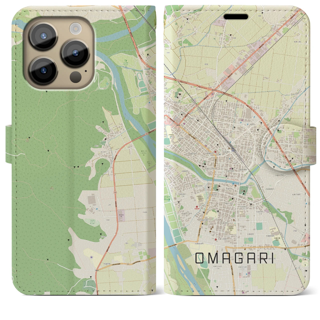 【大曲】地図柄iPhoneケース（手帳両面タイプ・ナチュラル）iPhone 14 Pro Max 用