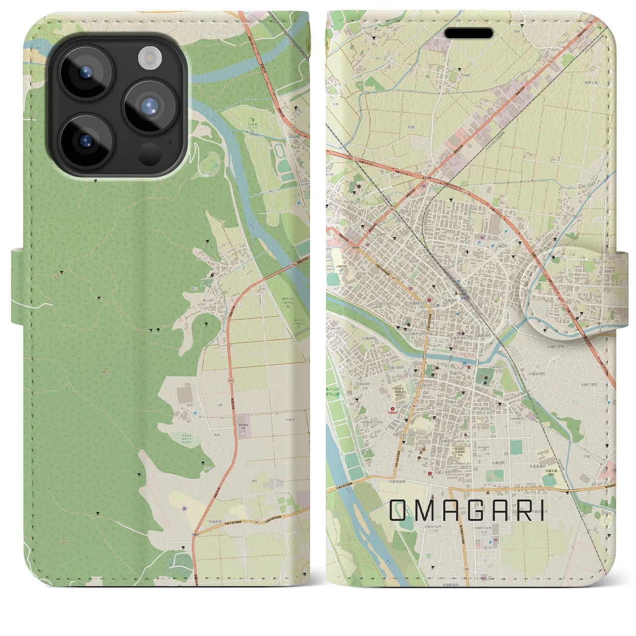 【大曲】地図柄iPhoneケース（手帳両面タイプ・ナチュラル）iPhone 15 Pro Max 用