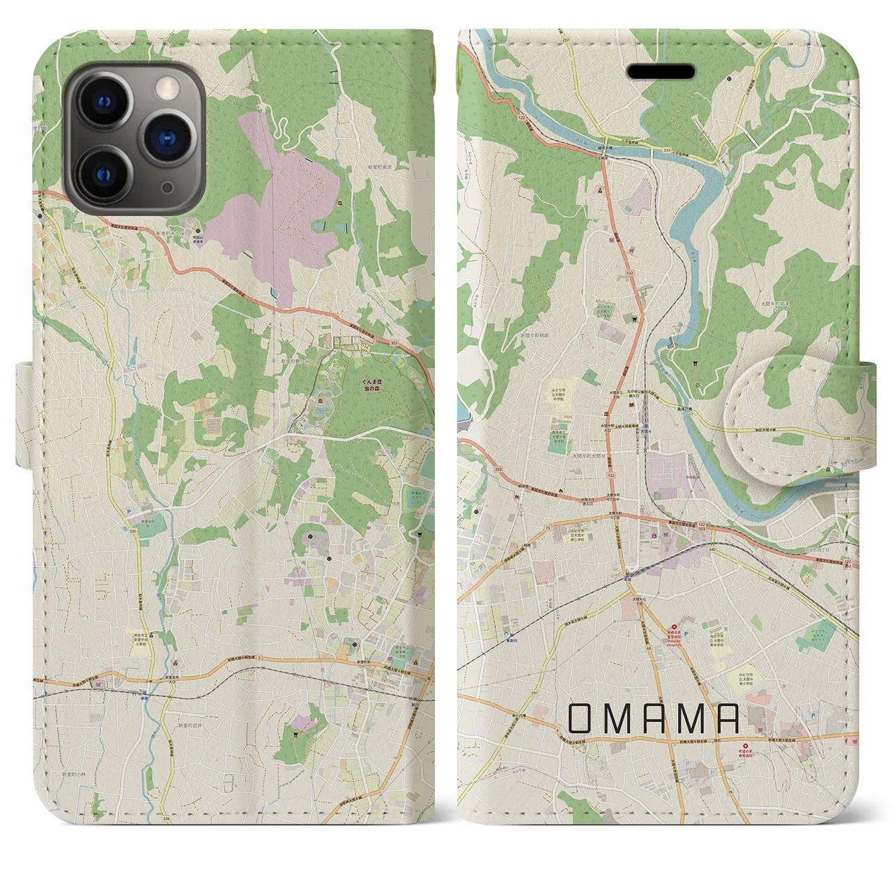 【大間々（群馬県）】地図柄iPhoneケース（手帳タイプ）ナチュラル・iPhone 11 Pro Max 用