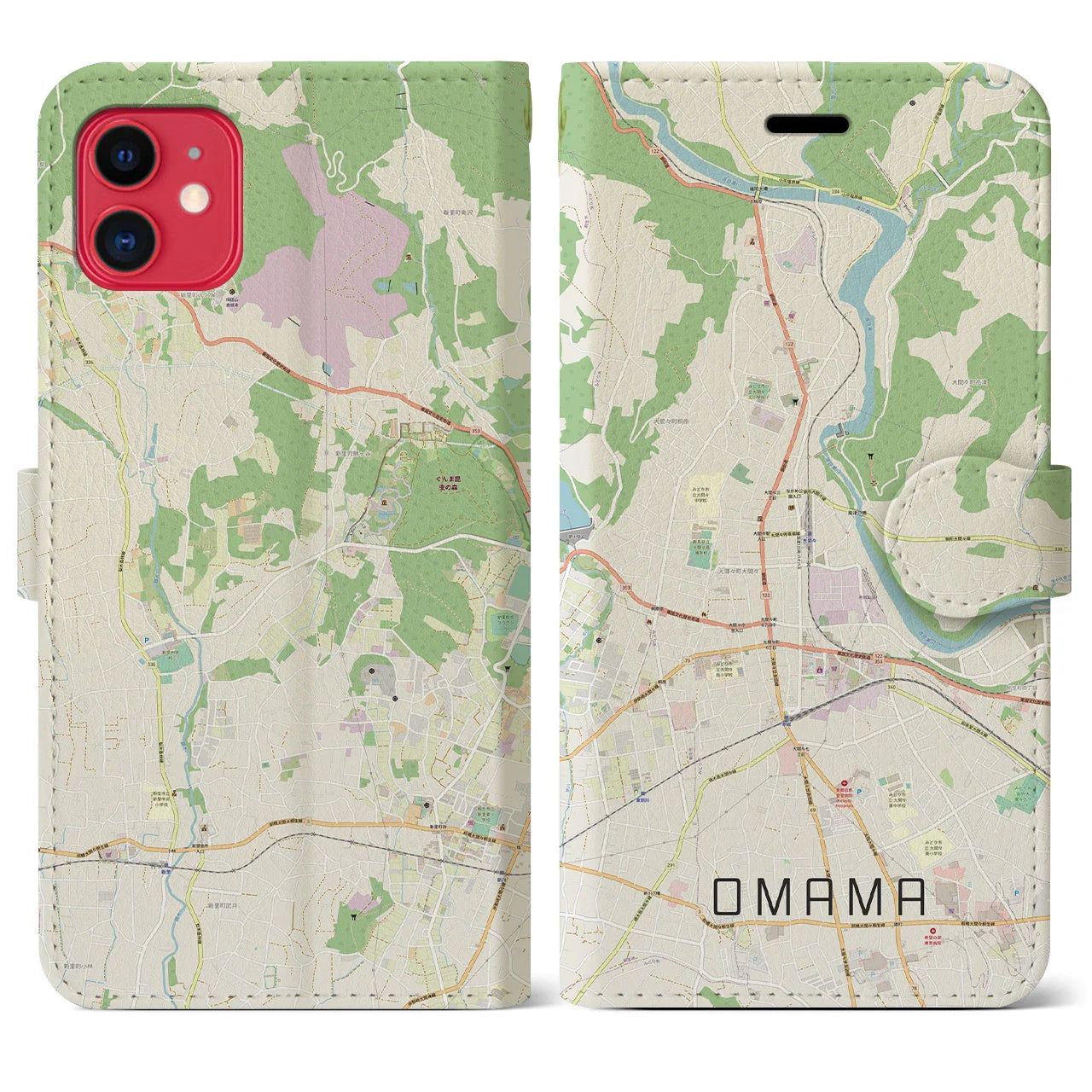 【大間々（群馬県）】地図柄iPhoneケース（手帳タイプ）ナチュラル・iPhone 11 用