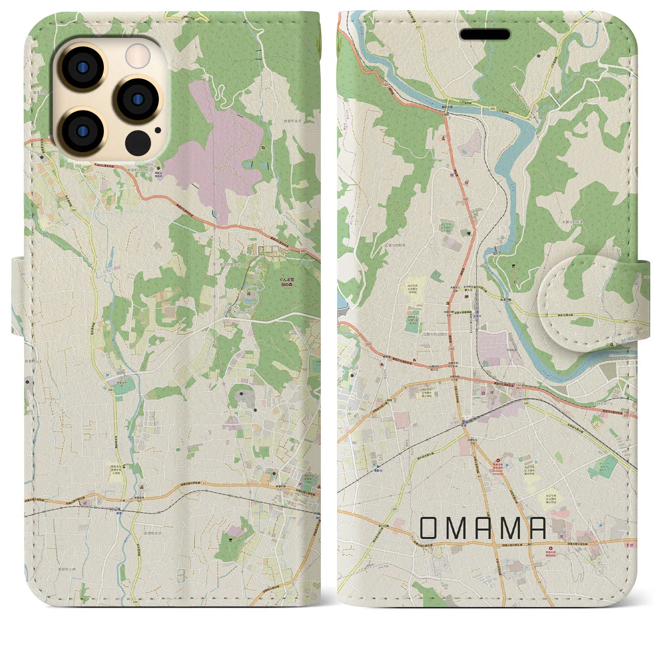 【大間々（群馬県）】地図柄iPhoneケース（手帳タイプ）ナチュラル・iPhone 12 Pro Max 用