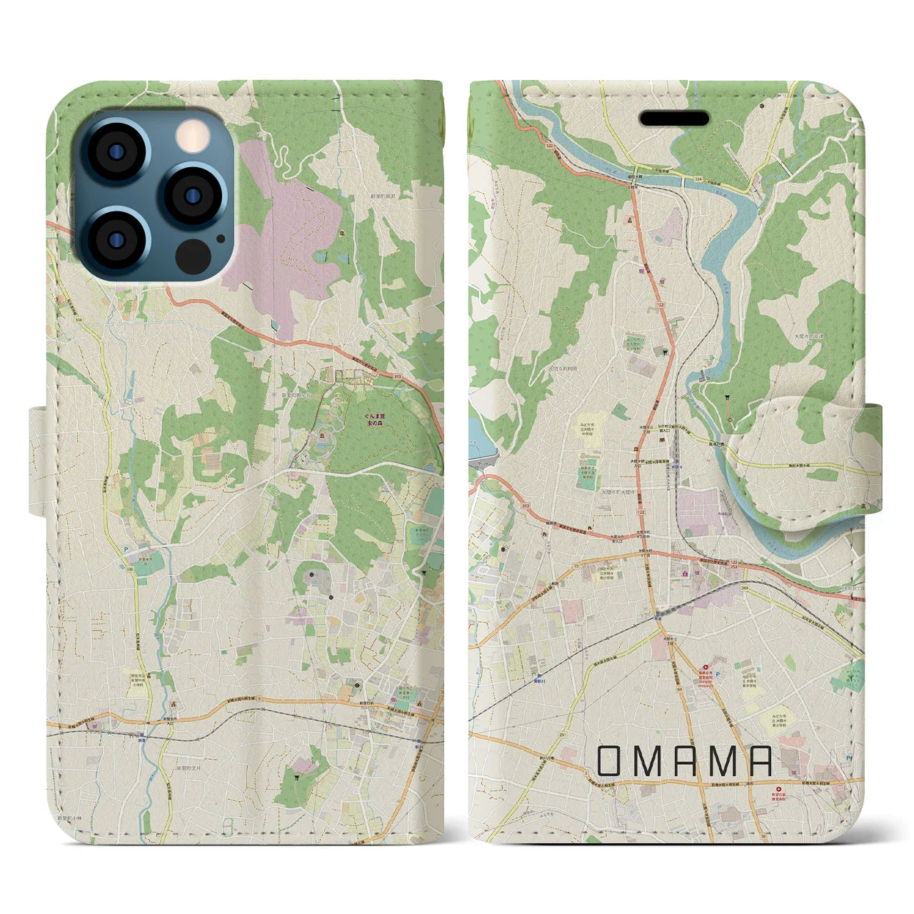 【大間々（群馬県）】地図柄iPhoneケース（手帳タイプ）ナチュラル・iPhone 12 / 12 Pro 用