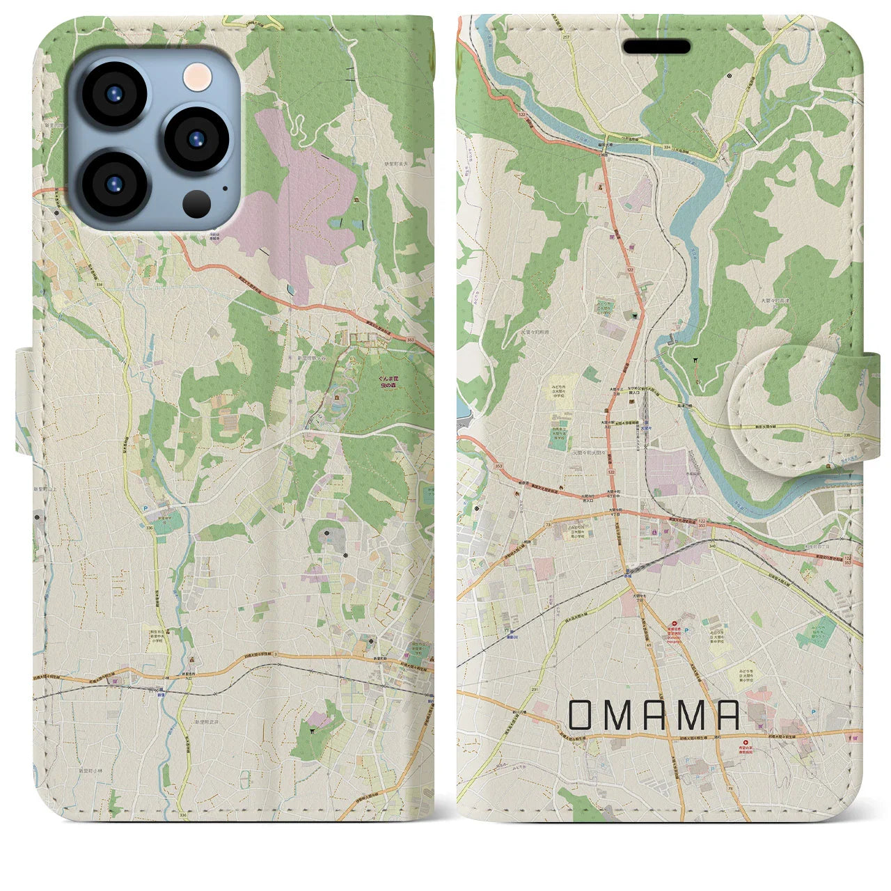 【大間々（群馬県）】地図柄iPhoneケース（手帳タイプ）ナチュラル・iPhone 13 Pro Max 用