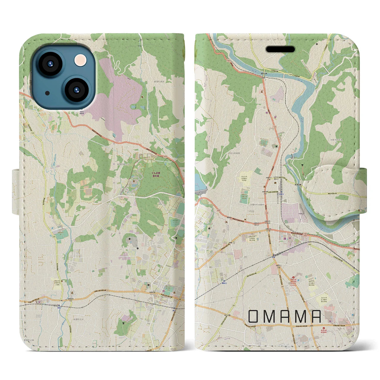 【大間々（群馬県）】地図柄iPhoneケース（手帳タイプ）ナチュラル・iPhone 13 用