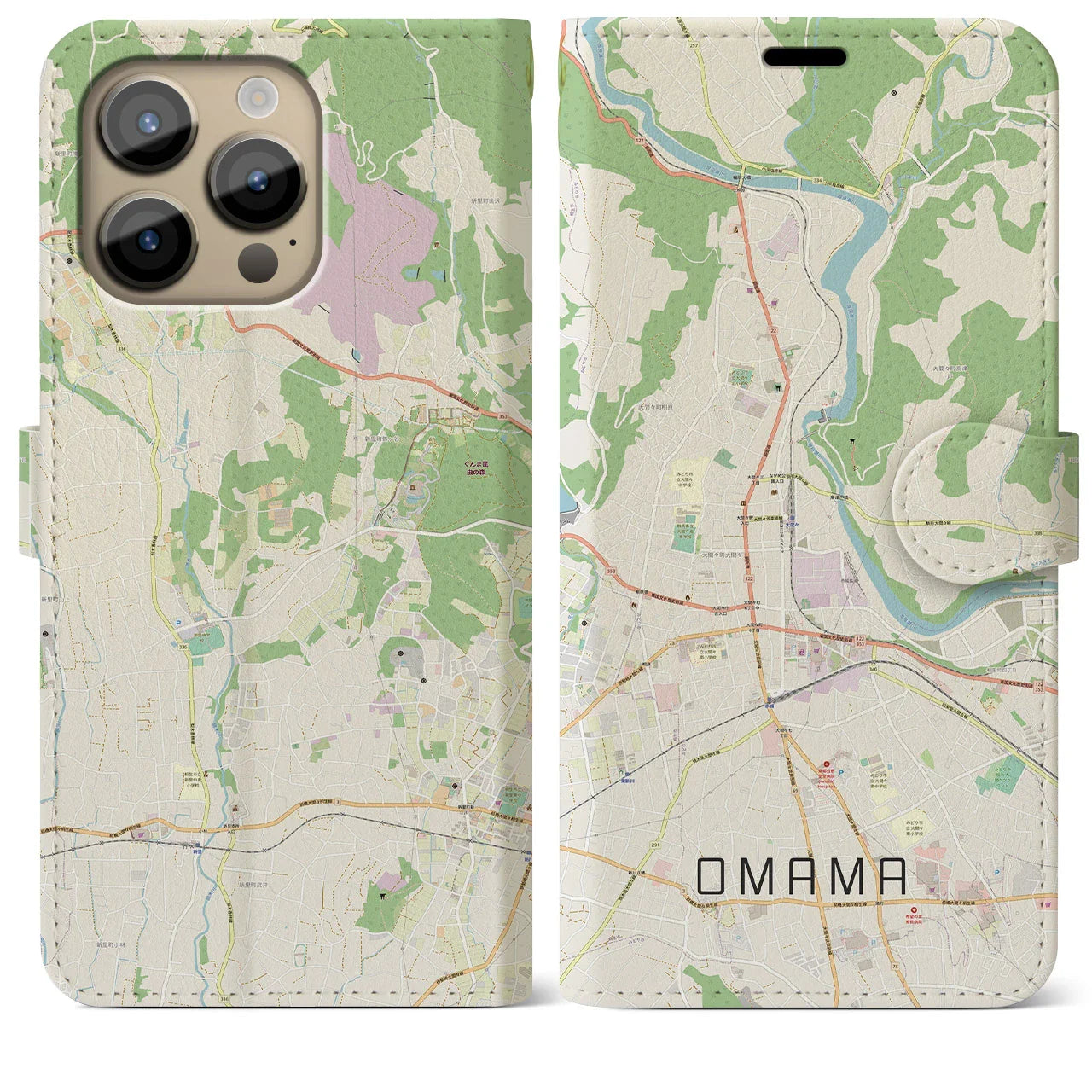 【大間々（群馬県）】地図柄iPhoneケース（手帳タイプ）ナチュラル・iPhone 14 Pro Max 用