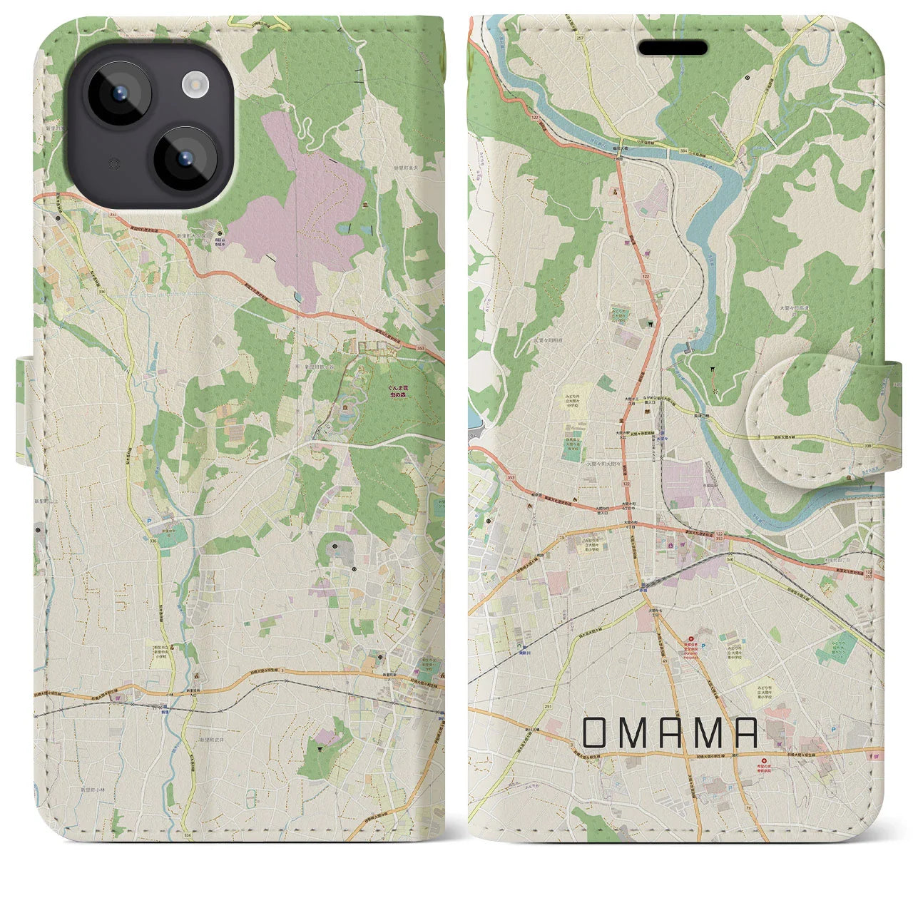 【大間々（群馬県）】地図柄iPhoneケース（手帳タイプ）ナチュラル・iPhone 14 Plus 用