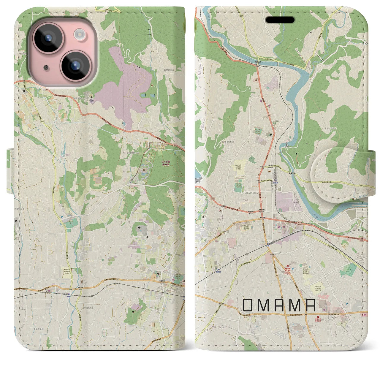 【大間々（群馬県）】地図柄iPhoneケース（手帳タイプ）ナチュラル・iPhone 15 Plus 用