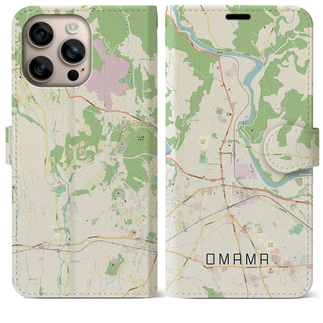 【大間々（群馬県）】地図柄iPhoneケース（手帳タイプ）ナチュラル・iPhone 16 Plus 用