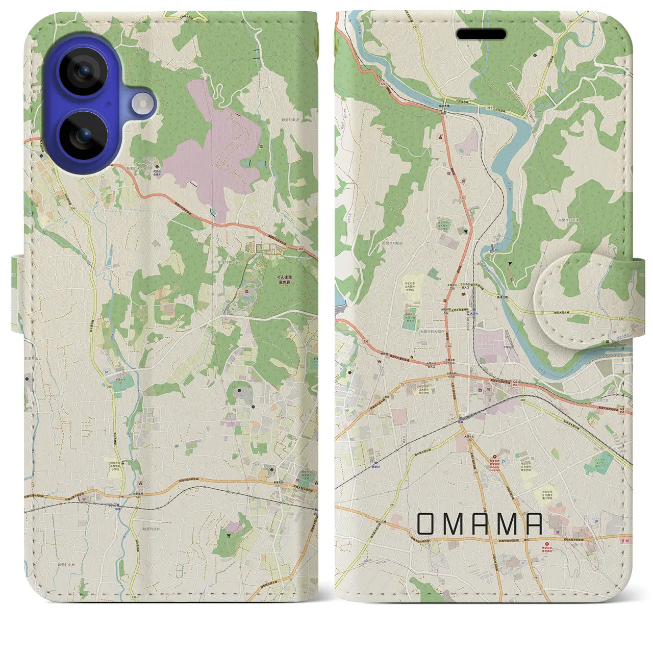 【大間々（群馬県）】地図柄iPhoneケース（手帳タイプ）ナチュラル・iPhone 16 Pro Max 用