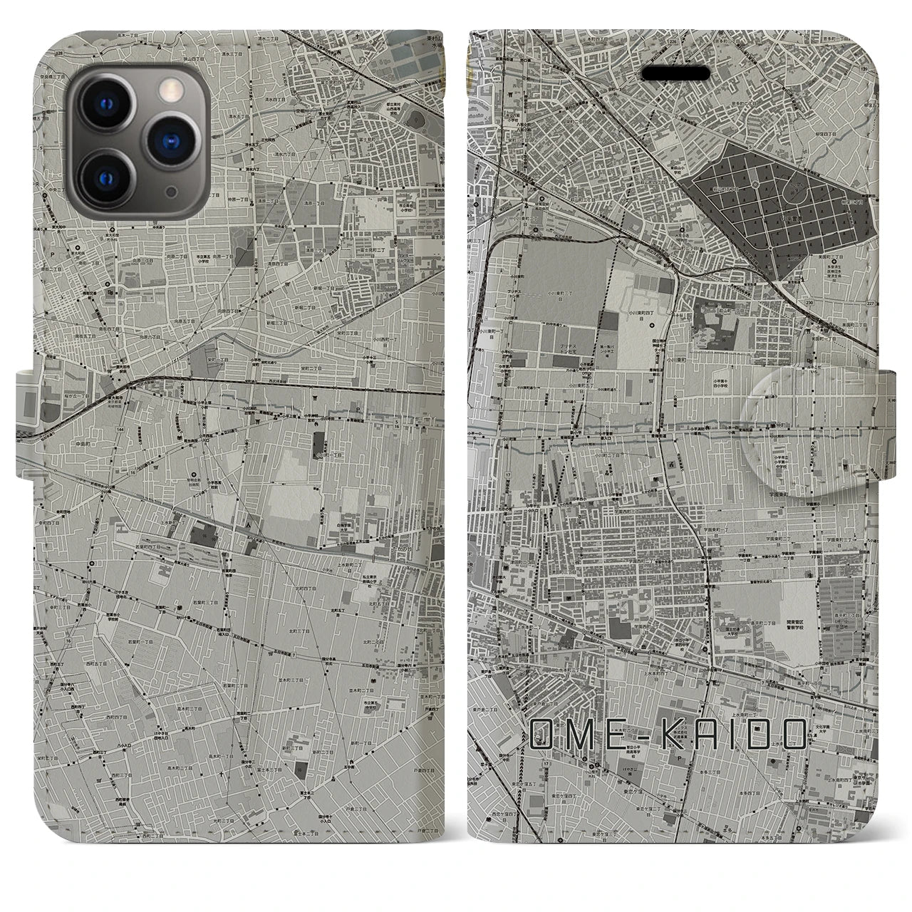 【青梅街道】地図柄iPhoneケース（手帳両面タイプ・モノトーン）iPhone 11 Pro Max 用