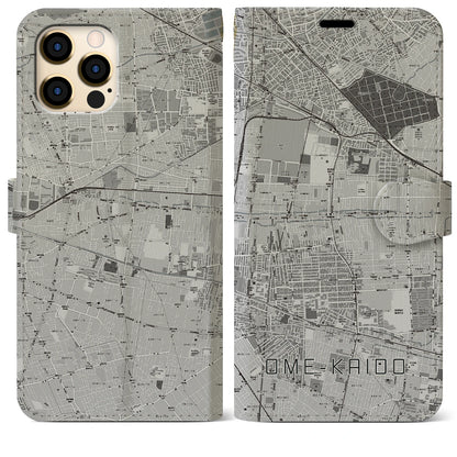 【青梅街道（東京都）】地図柄iPhoneケース（手帳タイプ）モノトーン・iPhone 12 Pro Max 用