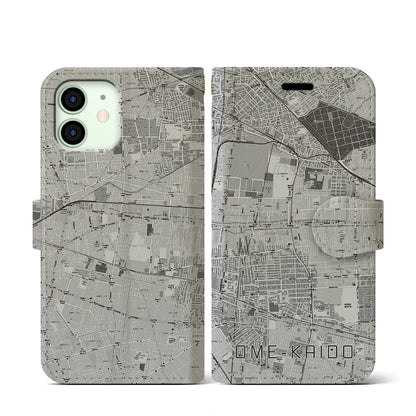 【青梅街道（東京都）】地図柄iPhoneケース（手帳タイプ）モノトーン・iPhone 12 mini 用