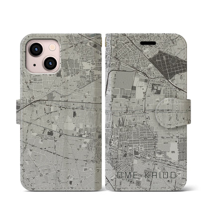 【青梅街道（東京都）】地図柄iPhoneケース（手帳タイプ）モノトーン・iPhone 13 mini 用