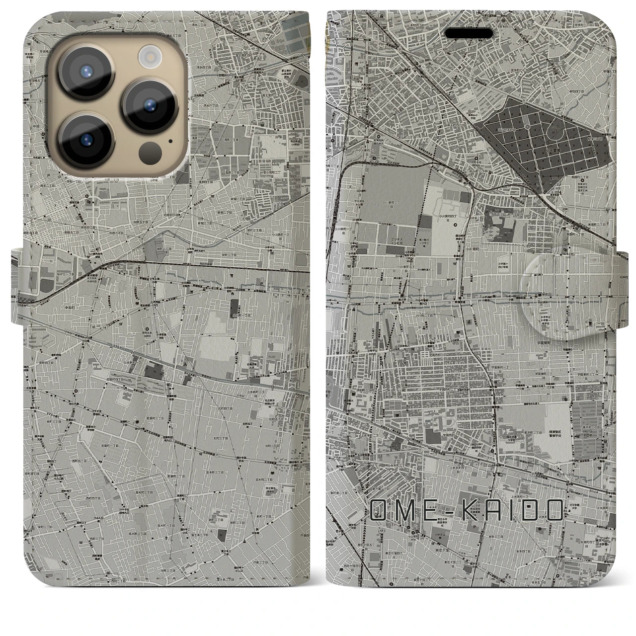 【青梅街道】地図柄iPhoneケース（手帳両面タイプ・モノトーン）iPhone 14 Pro Max 用