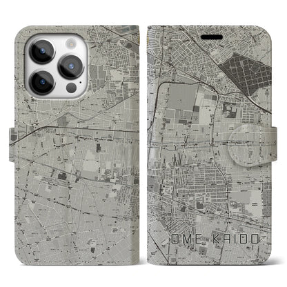 【青梅街道（東京都）】地図柄iPhoneケース（手帳タイプ）モノトーン・iPhone 14 Pro 用