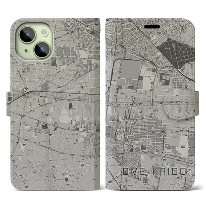 【青梅街道（東京都）】地図柄iPhoneケース（手帳タイプ）モノトーン・iPhone 15 用