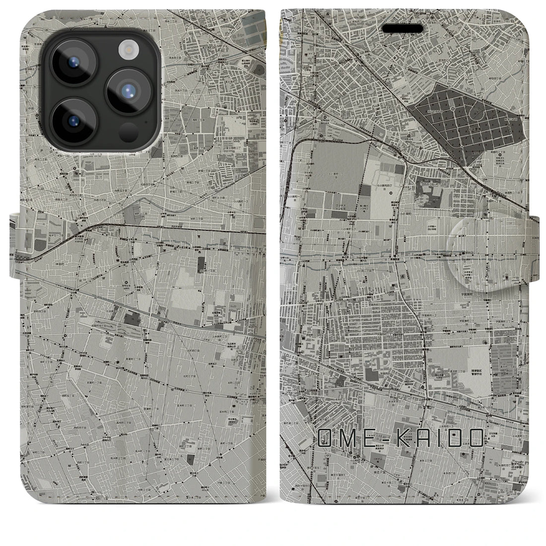 【青梅街道】地図柄iPhoneケース（手帳両面タイプ・モノトーン）iPhone 15 Pro Max 用