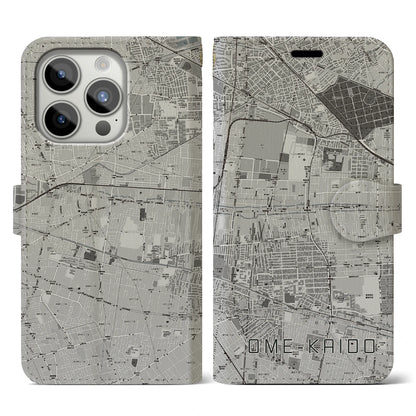 【青梅街道（東京都）】地図柄iPhoneケース（手帳タイプ）モノトーン・iPhone 15 Pro 用