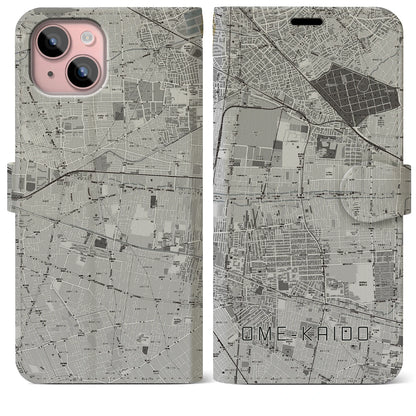 【青梅街道（東京都）】地図柄iPhoneケース（手帳タイプ）モノトーン・iPhone 15 Plus 用