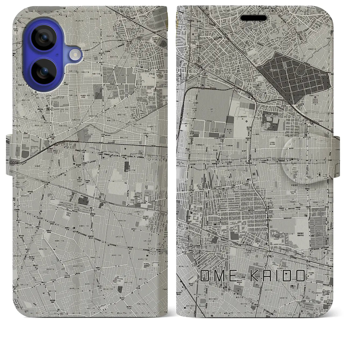 【青梅街道(東京都)】地図柄iPhoneケース(手帳タイプ)モノトーン・iPhone 16 Pro Max 用