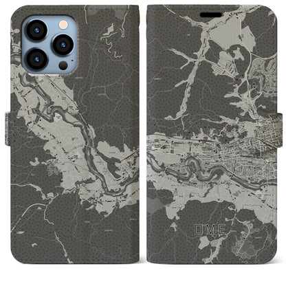 【青梅（東京都）】地図柄iPhoneケース（手帳タイプ）モノトーン・iPhone 13 Pro Max 用