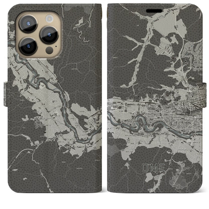 【青梅（東京都）】地図柄iPhoneケース（手帳タイプ）モノトーン・iPhone 14 Pro Max 用