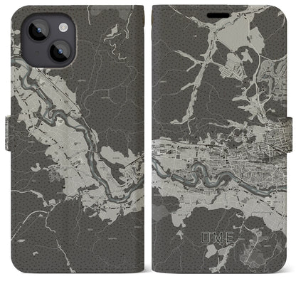 【青梅（東京都）】地図柄iPhoneケース（手帳タイプ）モノトーン・iPhone 14 Plus 用