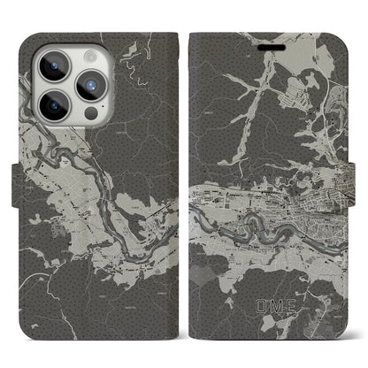 【青梅（東京都）】地図柄iPhoneケース（手帳タイプ）モノトーン・iPhone 15 Pro 用