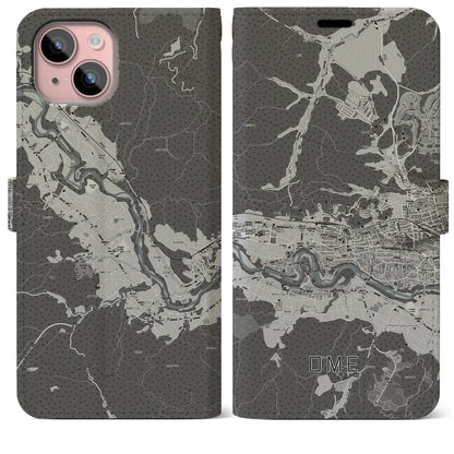 【青梅（東京都）】地図柄iPhoneケース（手帳タイプ）モノトーン・iPhone 15 Plus 用