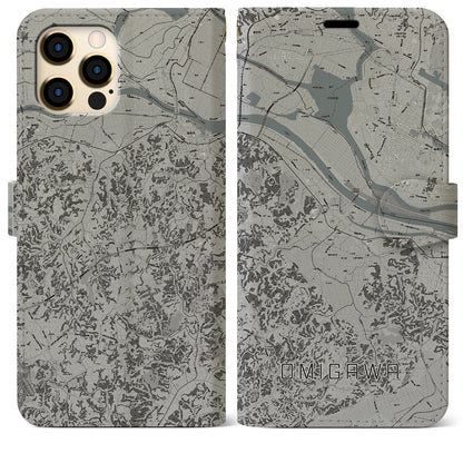 【小見川（千葉県）】地図柄iPhoneケース（手帳タイプ）モノトーン・iPhone 12 Pro Max 用