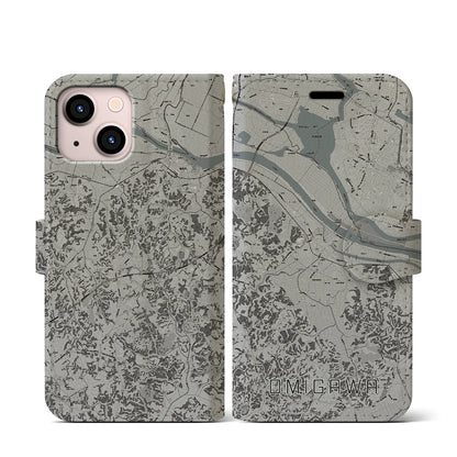 【小見川（千葉県）】地図柄iPhoneケース（手帳タイプ）モノトーン・iPhone 13 mini 用