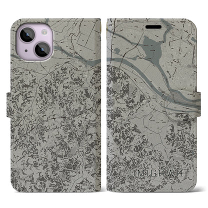 【小見川（千葉県）】地図柄iPhoneケース（手帳タイプ）モノトーン・iPhone 14 用