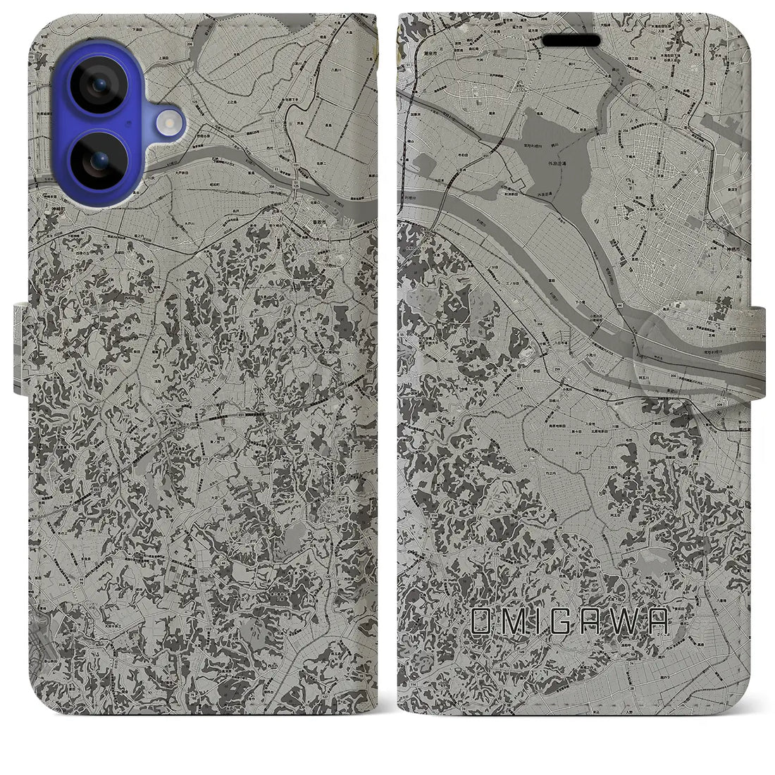 【小見川(千葉県)】地図柄iPhoneケース(手帳タイプ)モノトーン・iPhone 16 Pro Max 用