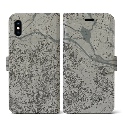 【小見川（千葉県）】地図柄iPhoneケース（手帳タイプ）モノトーン・iPhone XS / X 用